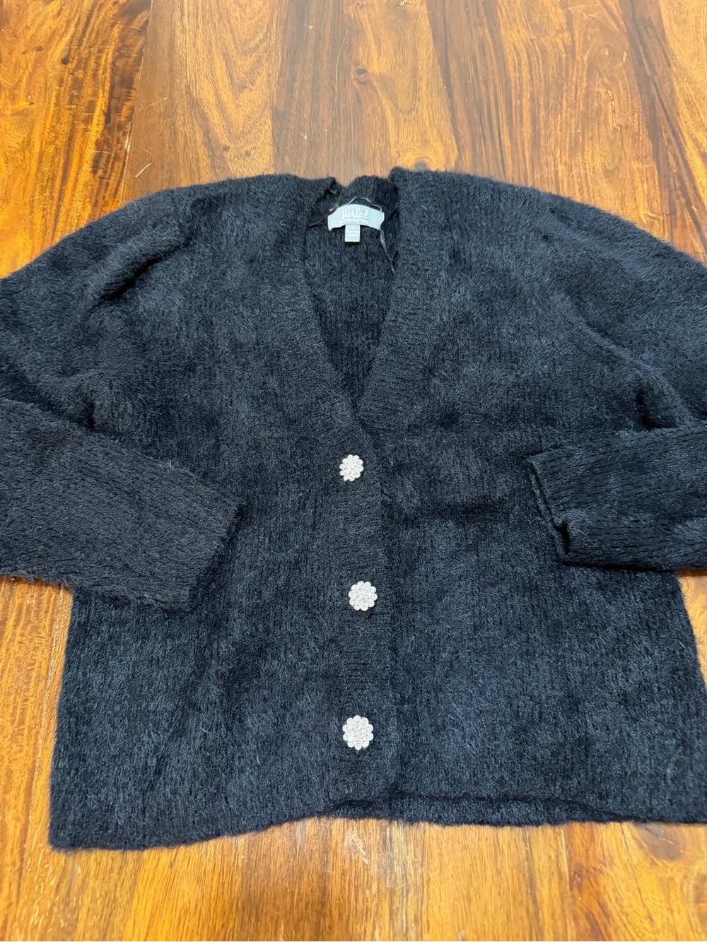 Marled Black Fuzzy Cardigan Jeweled Buttons Women's Holiday Party Sweater